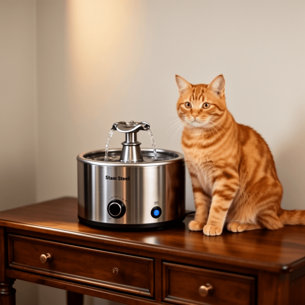 Stainless Steel Cat Water Fountain: 88oz/2.6L Ultra Quiet with cat - professional product lifestyle photo