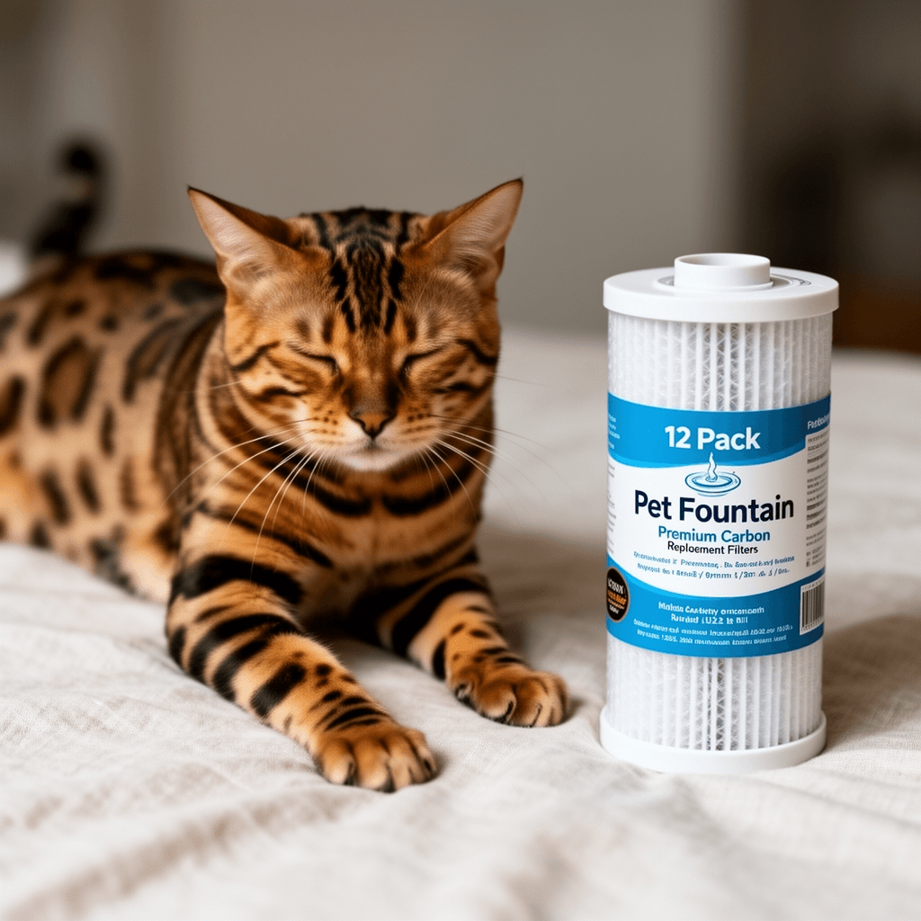 12 Pack Pet Fountain Premium Carbon Replacement Filters with cat - professional product lifestyle photo