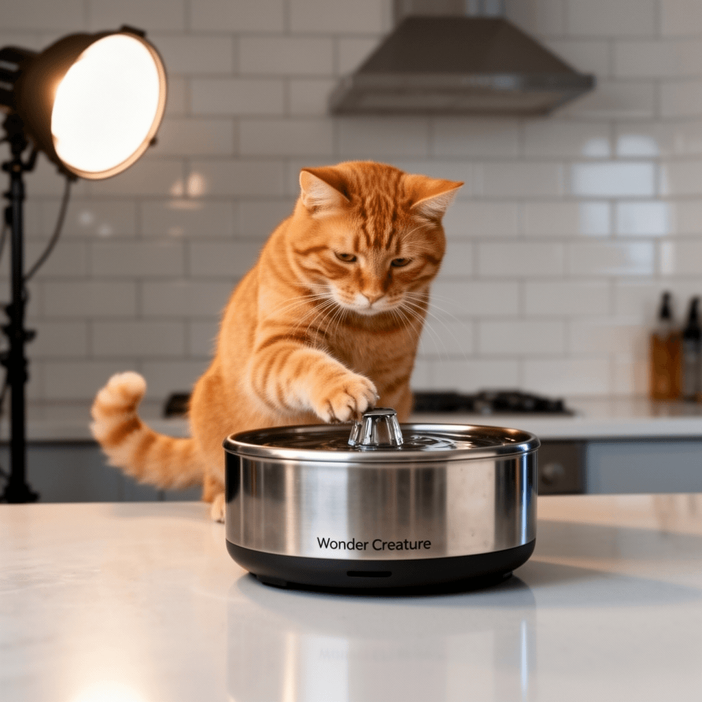 Wonder Creature Cat Water Fountain Stainless Steel with cat - professional product lifestyle photo