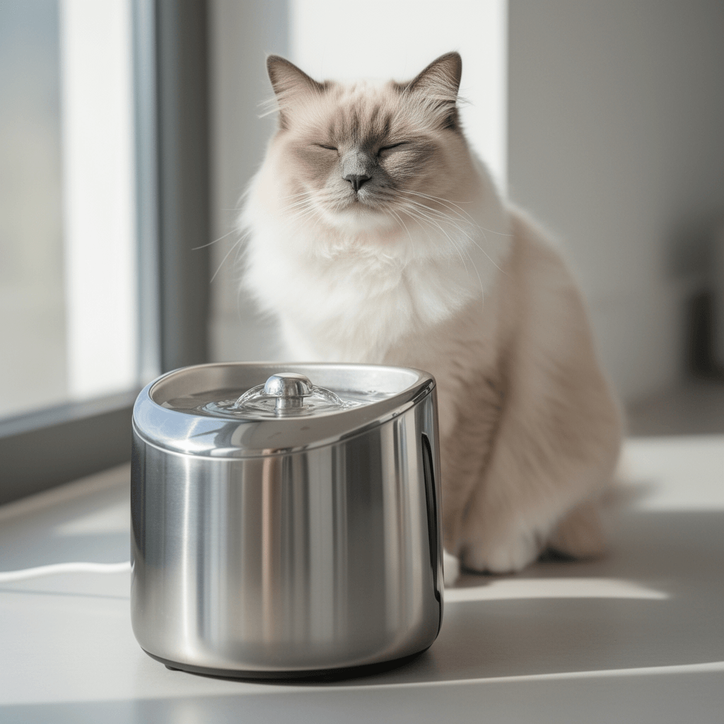 7L/1.85Gal/237oz Stainless Steel Cat Water Fountain with cat - professional product lifestyle photo
