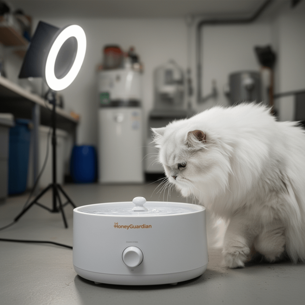 HoneyGuardian Cat Water Fountain with cat - professional product lifestyle photo