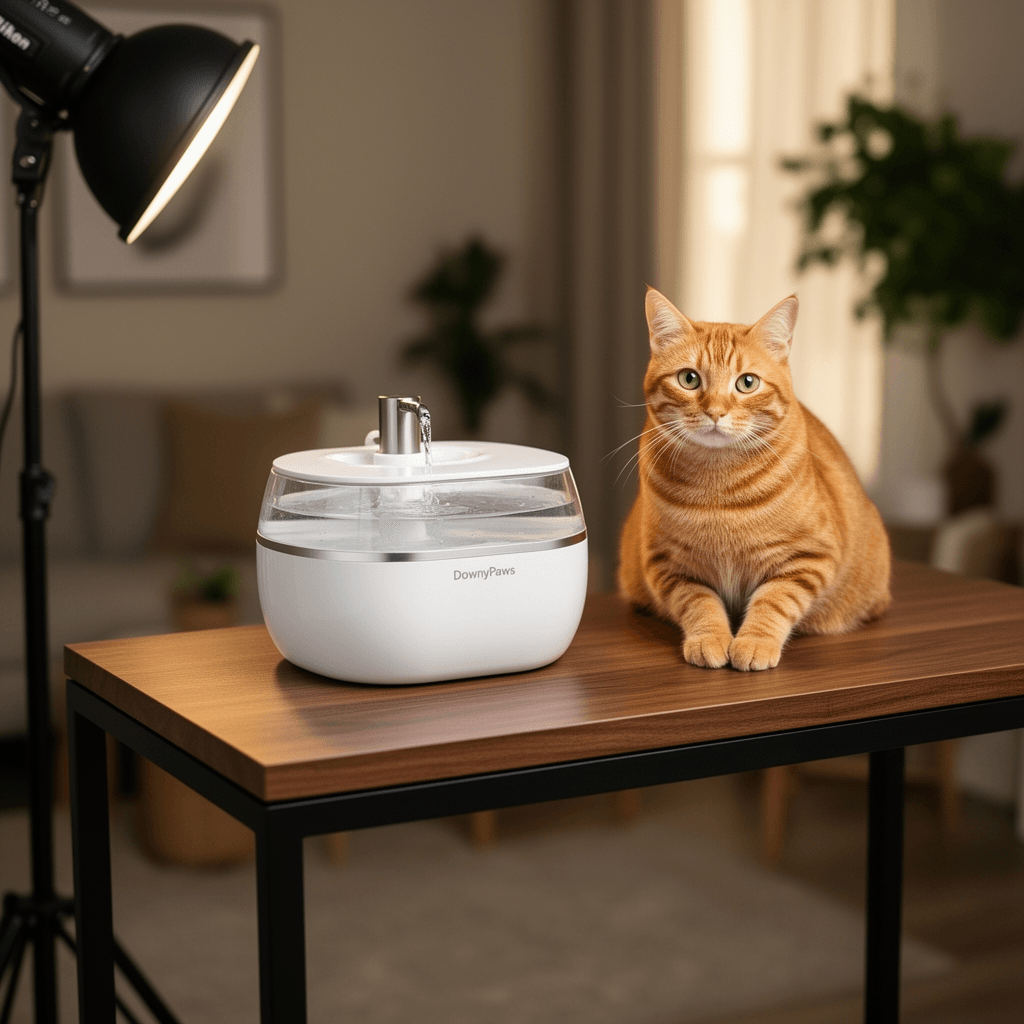 DownyPaws Cat Water Fountain Cordless with cat - professional product lifestyle photo