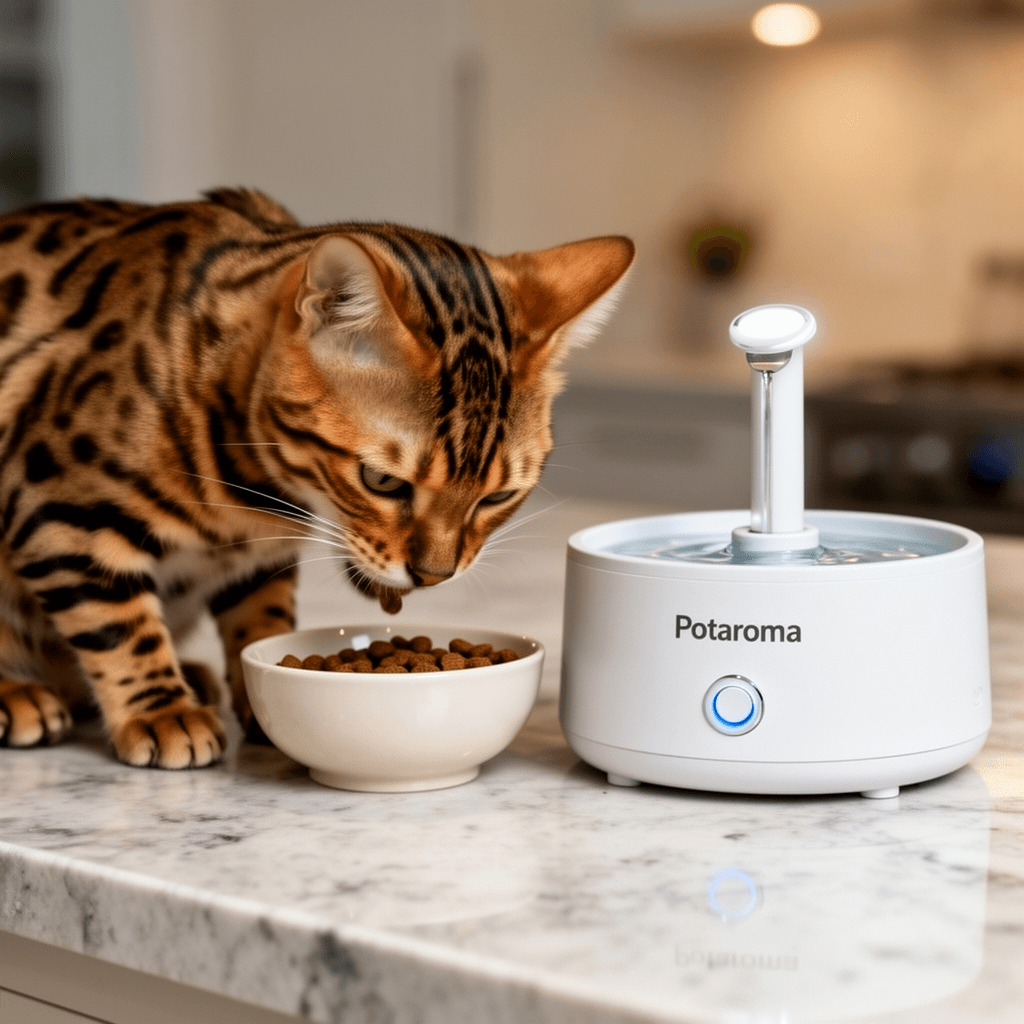 Potaroma Smart Wireless Pet Water Fountain with cat - professional product lifestyle photo