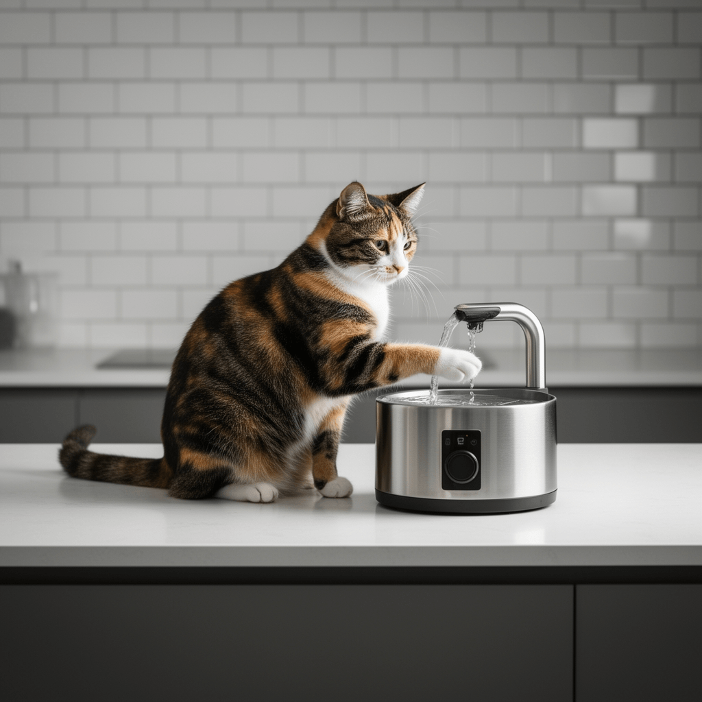Cat Water Fountain Stainless Steel：74oz/2.2L Water Fountains with cat - professional product lifestyle photo