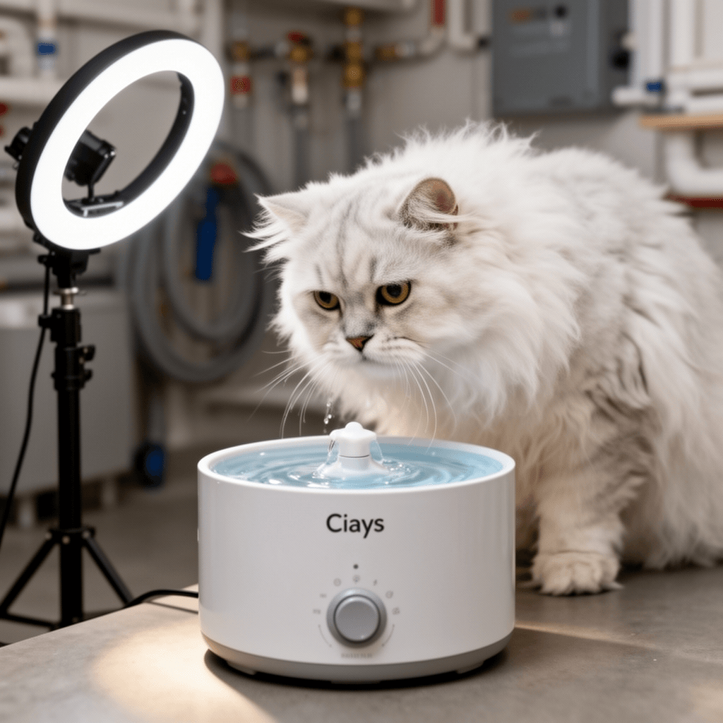 Ciays Cat Water Fountain with cat - professional product lifestyle photo