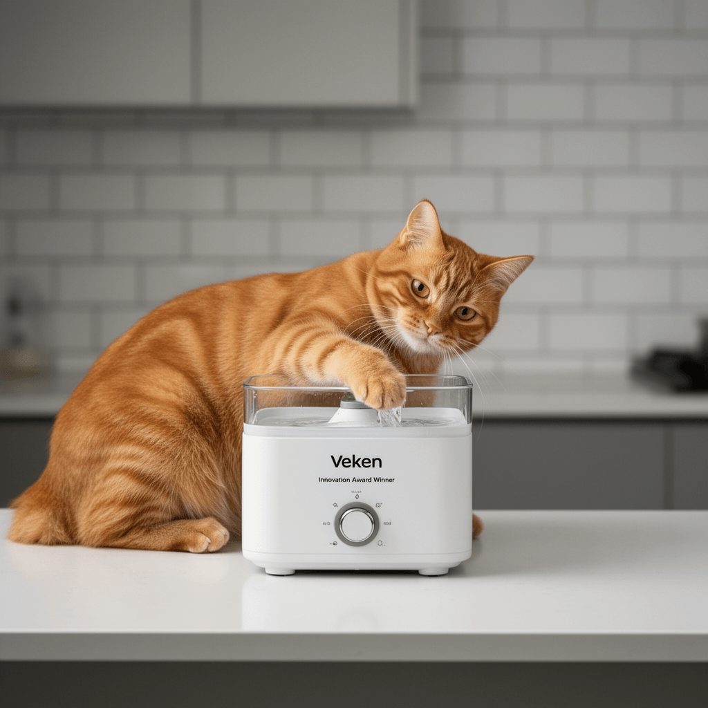 Veken Innovation Award Winner 95oz/2.8L Pet Fountain with cat - professional product lifestyle photo