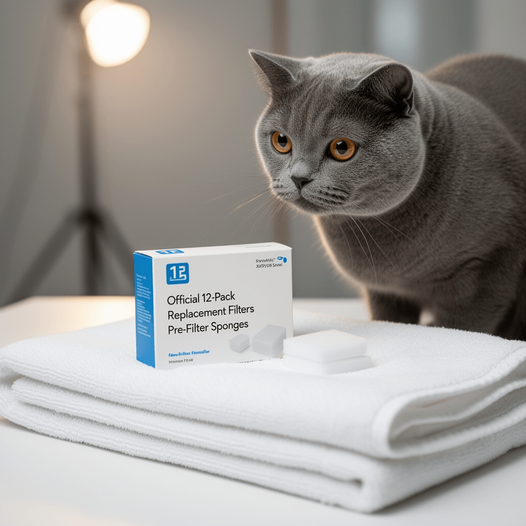 Official 12-Pack Replacement Filters and Pre-Filter Sponges with cat - professional product lifestyle photo