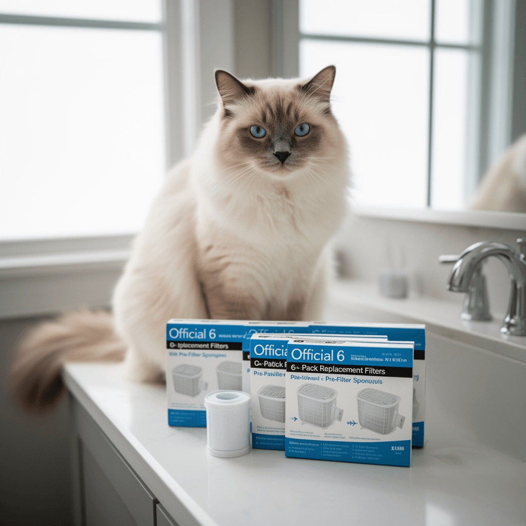 Official 6-Pack Replacement Filters with Pre-Filter Sponges with cat - professional product lifestyle photo