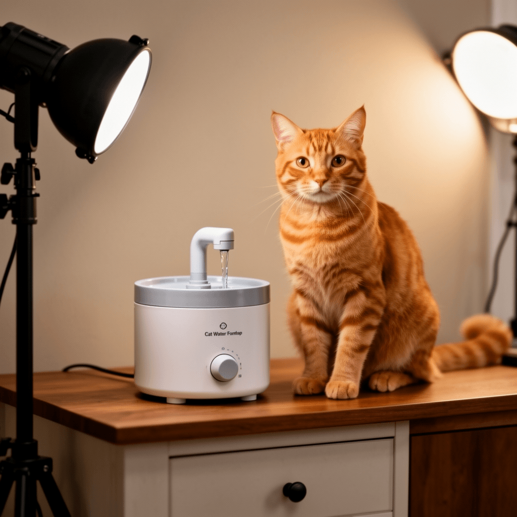 Cat Water Fountain Pump with cat - professional product lifestyle photo
