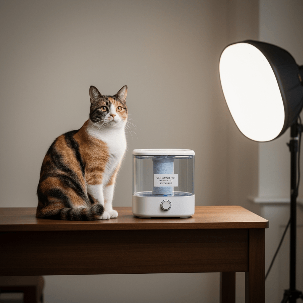 Cat Water Fountain Filters with cat - professional product lifestyle photo