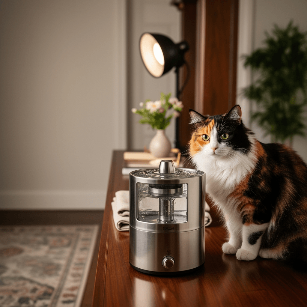 Cat Water Fountain Pump with cat - professional product lifestyle photo