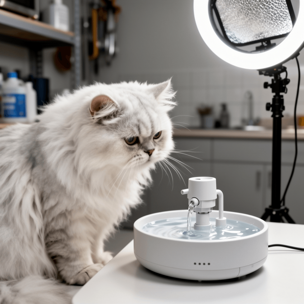 Cat Water Fountain Pump with cat - professional product lifestyle photo
