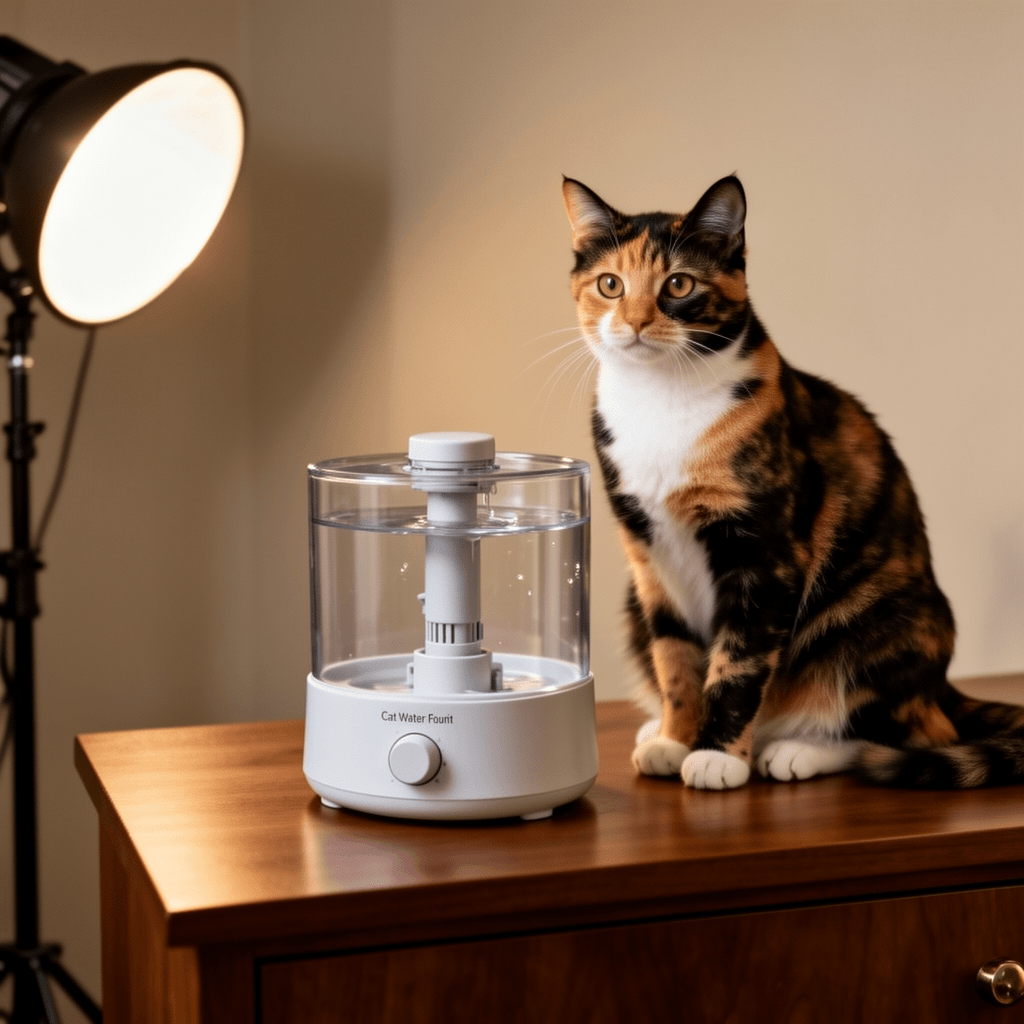 Cat Water Fountain Pump with cat - professional product lifestyle photo