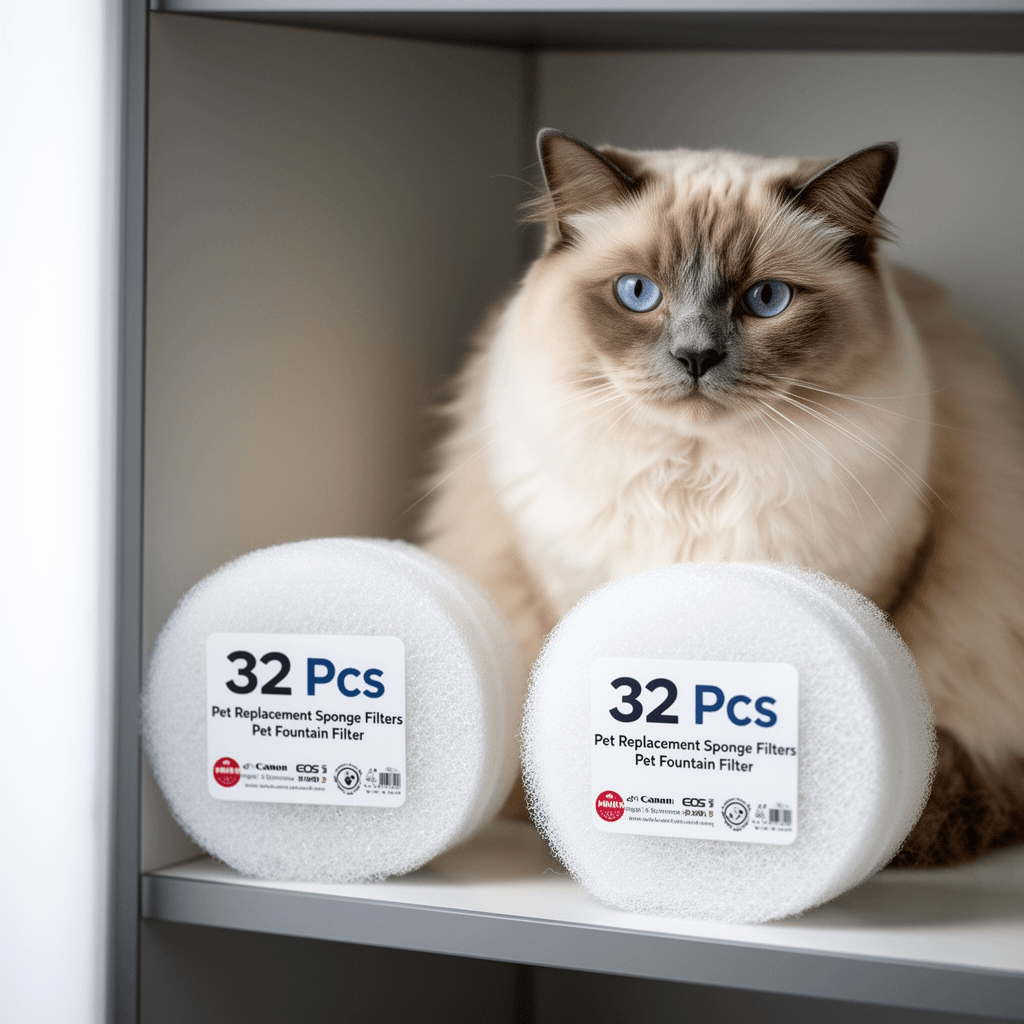 32 Pcs Pet Replacement Sponge Filters Pet Fountain Filter with cat - professional product lifestyle photo