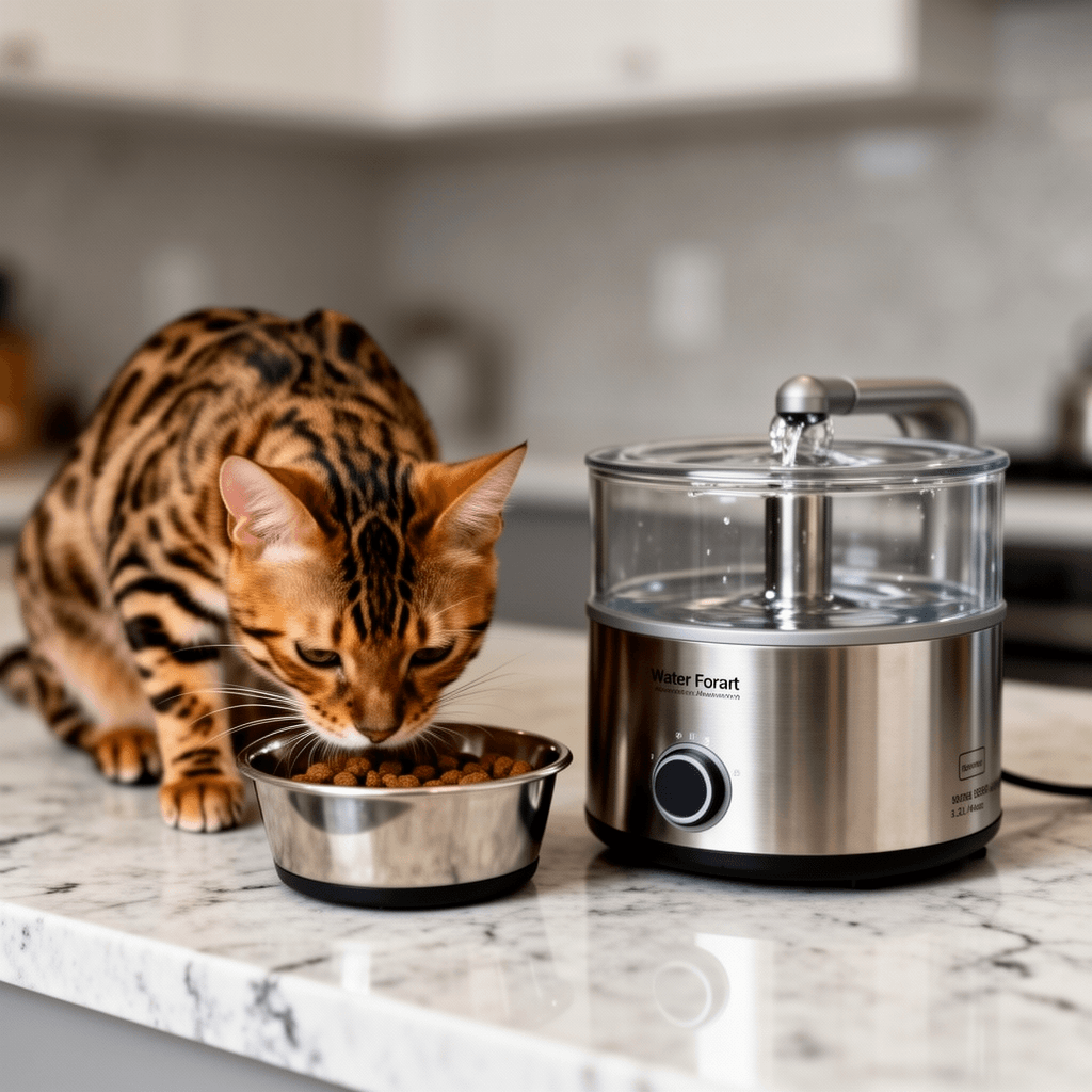 Cat Water Fountain Advanced 304 Stainless Steel 2.2L/74oz with cat - professional product lifestyle photo
