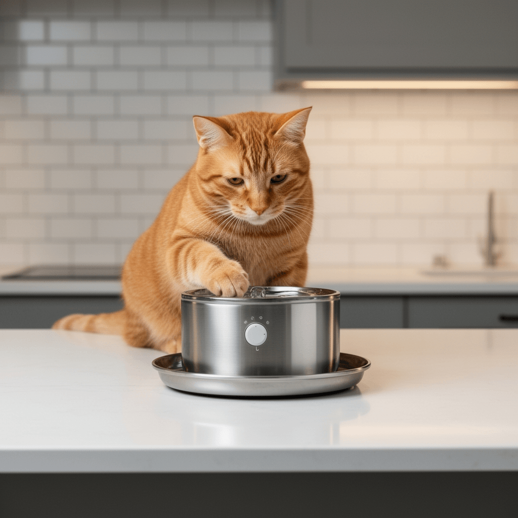 Wireless Cat Water Fountain with Stainless Steel Tray with cat - professional product lifestyle photo
