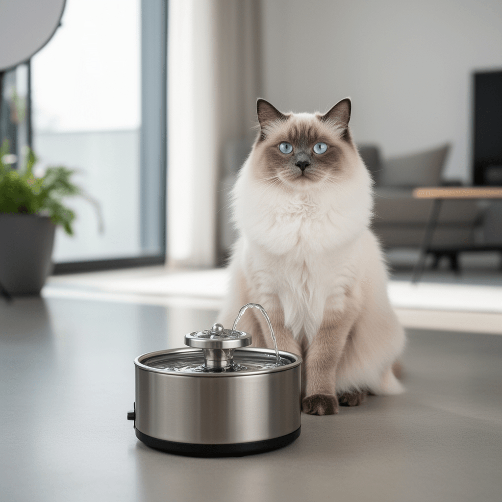 Stainless Steel Cat Water Fountain with cat - professional product lifestyle photo
