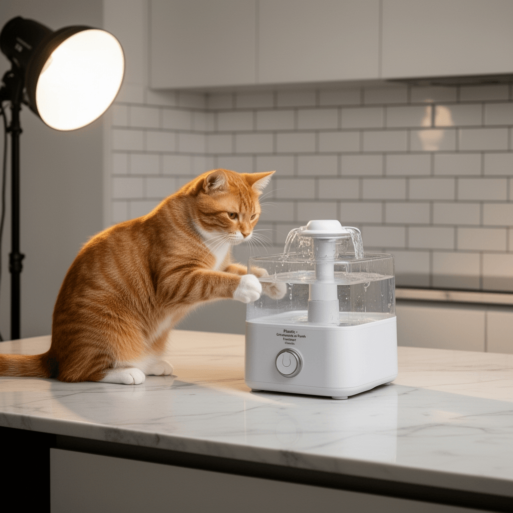 Plastic Cat Water Fountains Transparent and Visible Tank with cat - professional product lifestyle photo