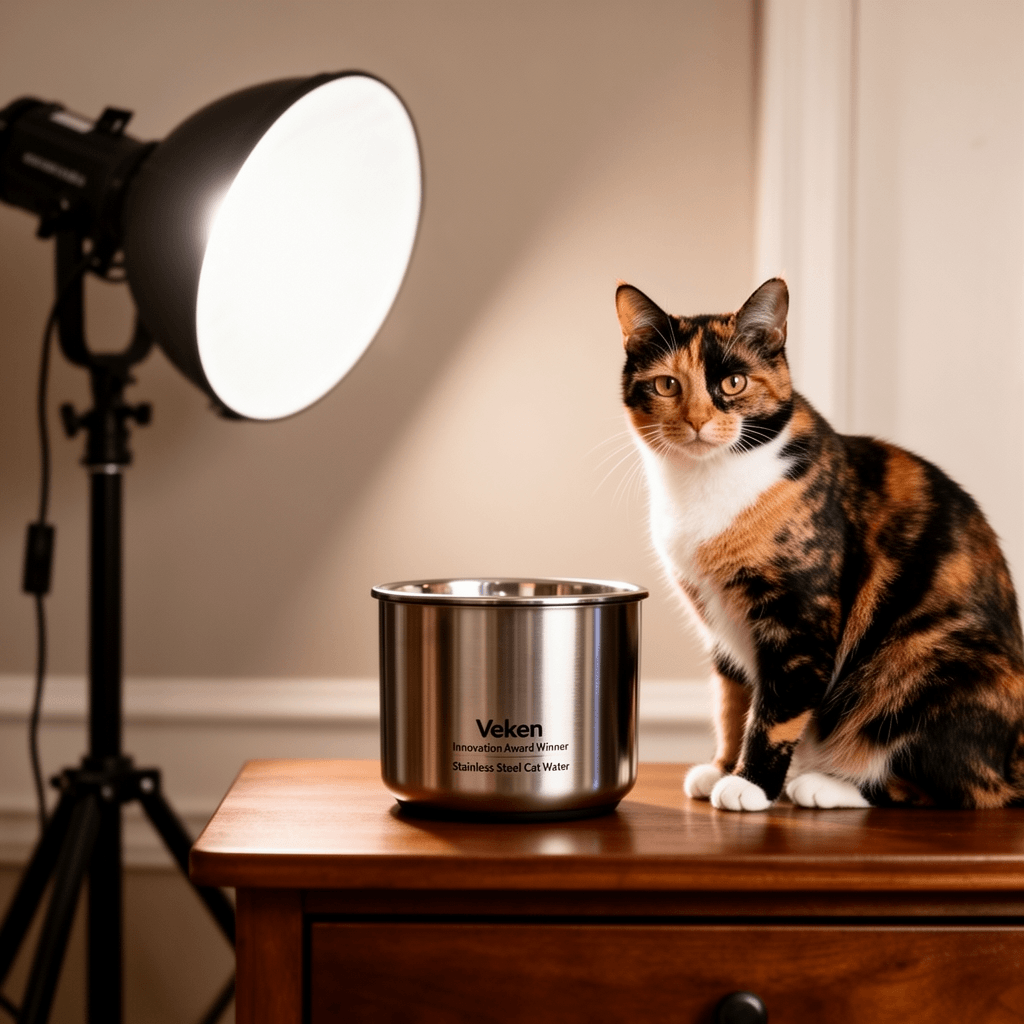Veken Innovation Award Winner Stainless Steel Cat Water with cat - professional product lifestyle photo