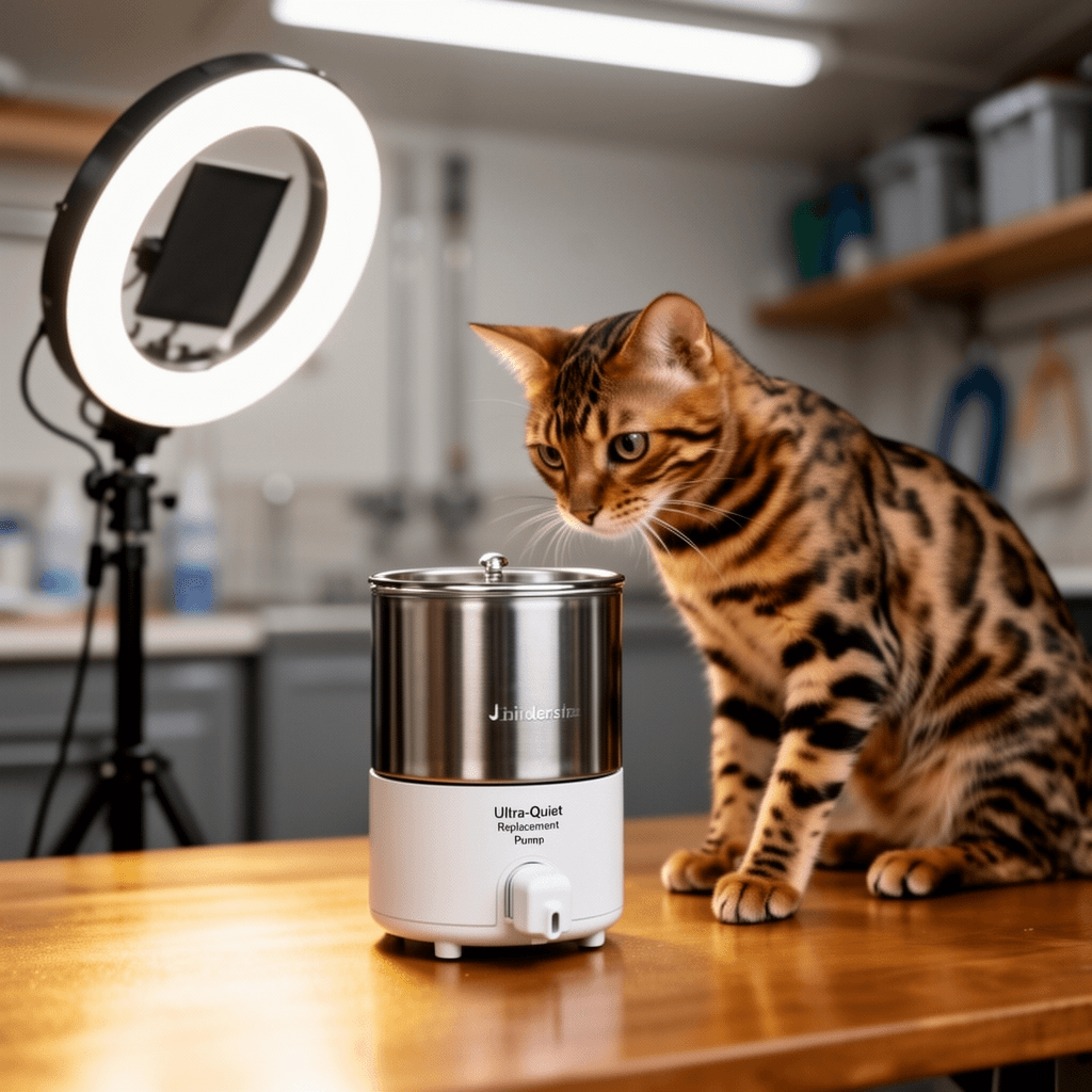 Ultra-Quiet Replacement Pump for Stainless Steel Cat Water with cat - professional product lifestyle photo
