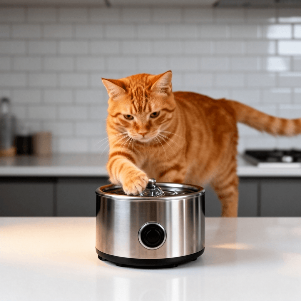 Cat Water Fountain Stainless Steel with cat - professional product lifestyle photo