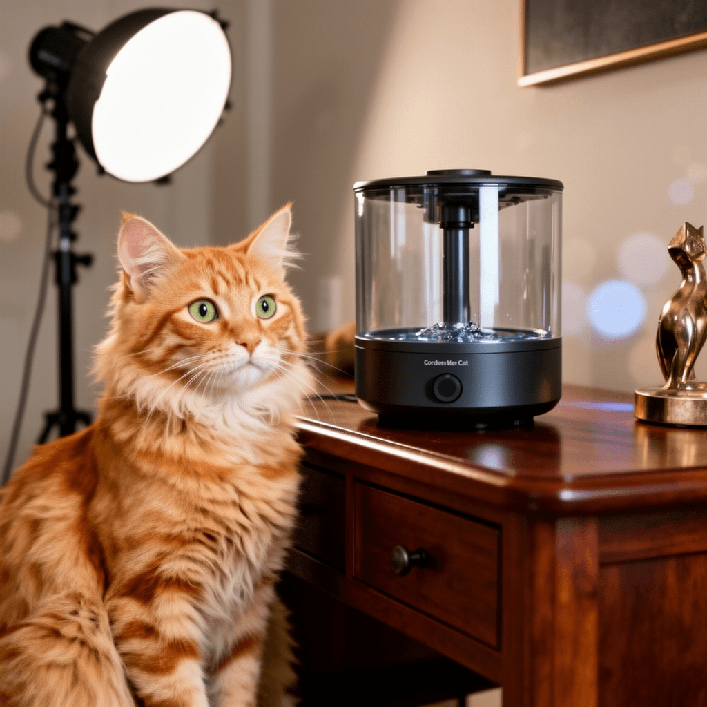 Cordless Cat Water Fountain: [Visual Filter] & [Heavy-Duty with cat - professional product lifestyle photo