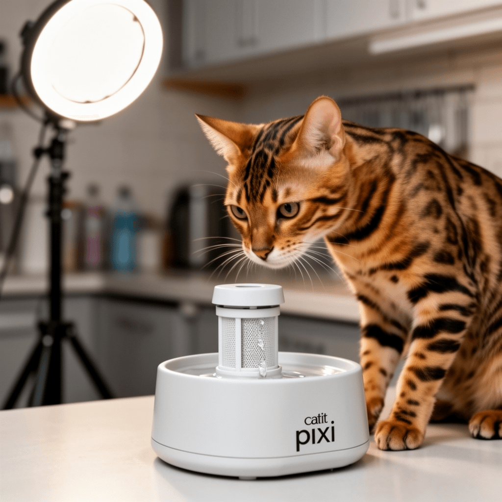 Catit PIXI Cat Drinking Fountain Original Filter with cat - professional product lifestyle photo
