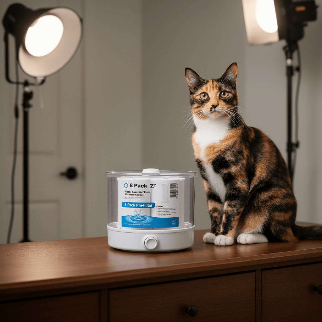 8 Pack Cat Water Fountain Filters with 8 Pack Pre-Filter with cat - professional product lifestyle photo