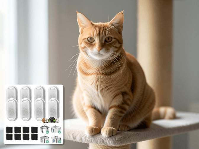 Cat owner reviewing affordable cat drinking fountains replacement filters options for their pet in 2026
