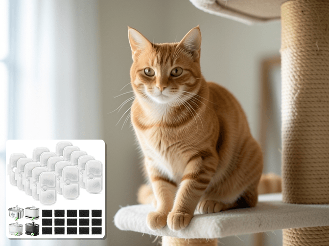 Cat owner reviewing cat drinking fountains replacement filters comparison options for their pet in 2026