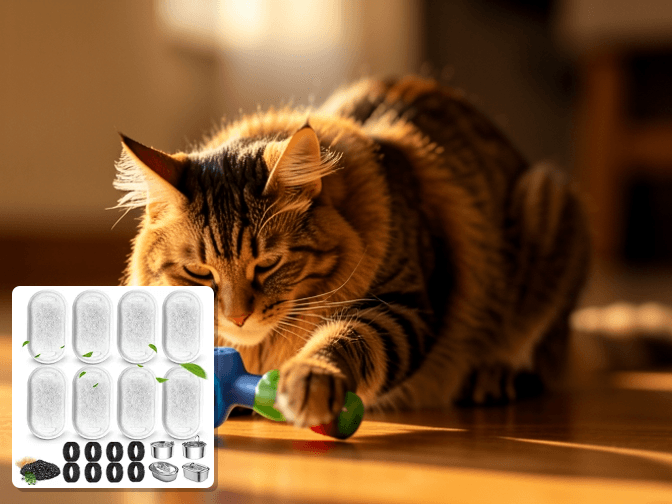 Cat owner reviewing cat drinking fountains replacement filters recommendations options for their pet in 2026
