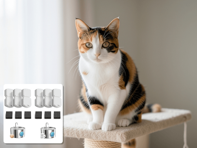Cat owner reviewing luxury cat drinking fountains replacement filters options for their pet in 2026