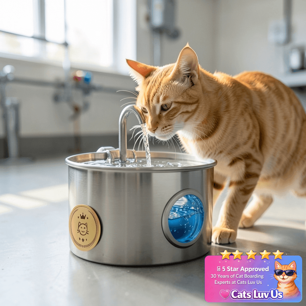 Cat Water Fountain Stainless Steel: 74oz/2.2L Cat Fountain with cat - professional product lifestyle photo