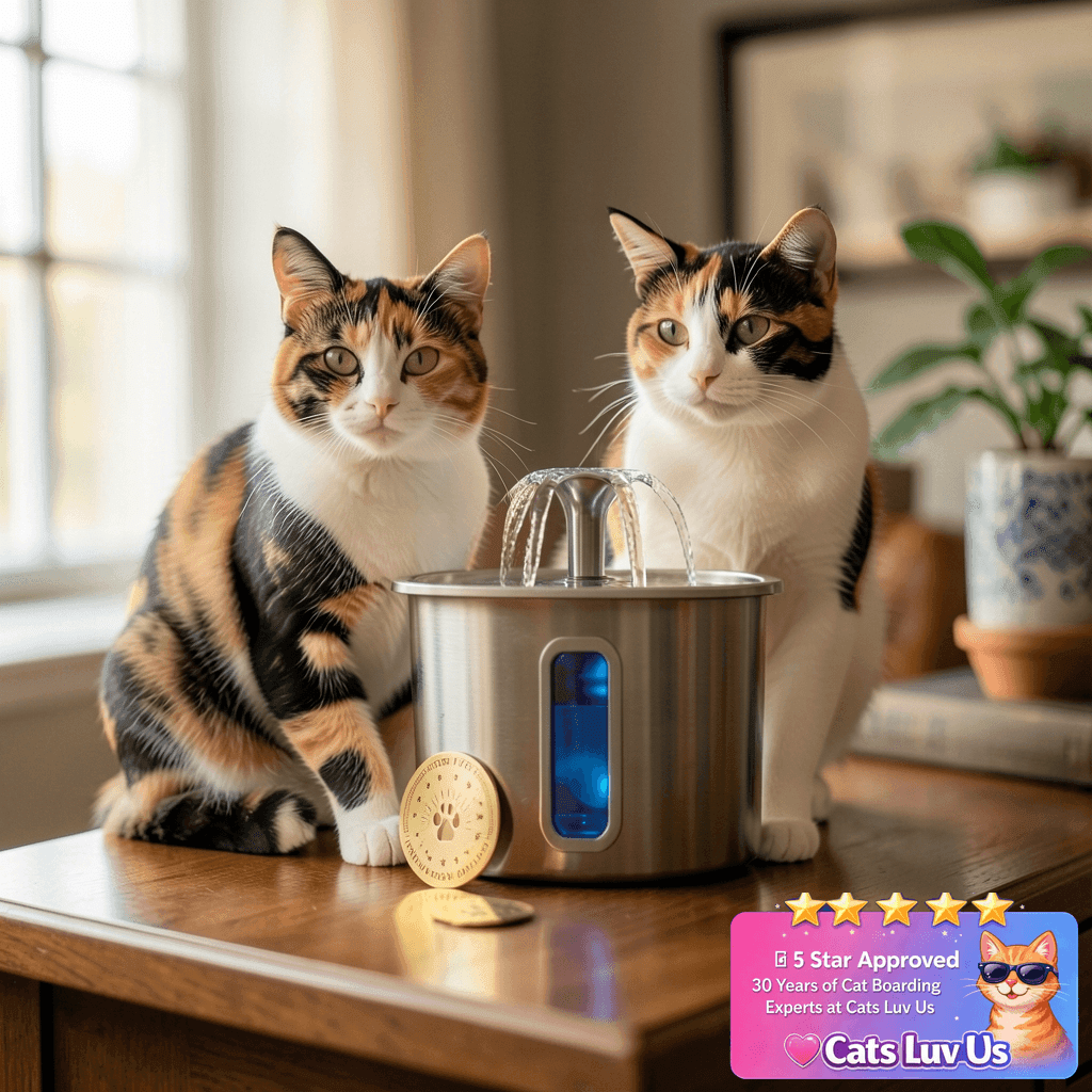 Veken Innovation Award Winner Stainless Steel Cat Water with cat - professional product lifestyle photo