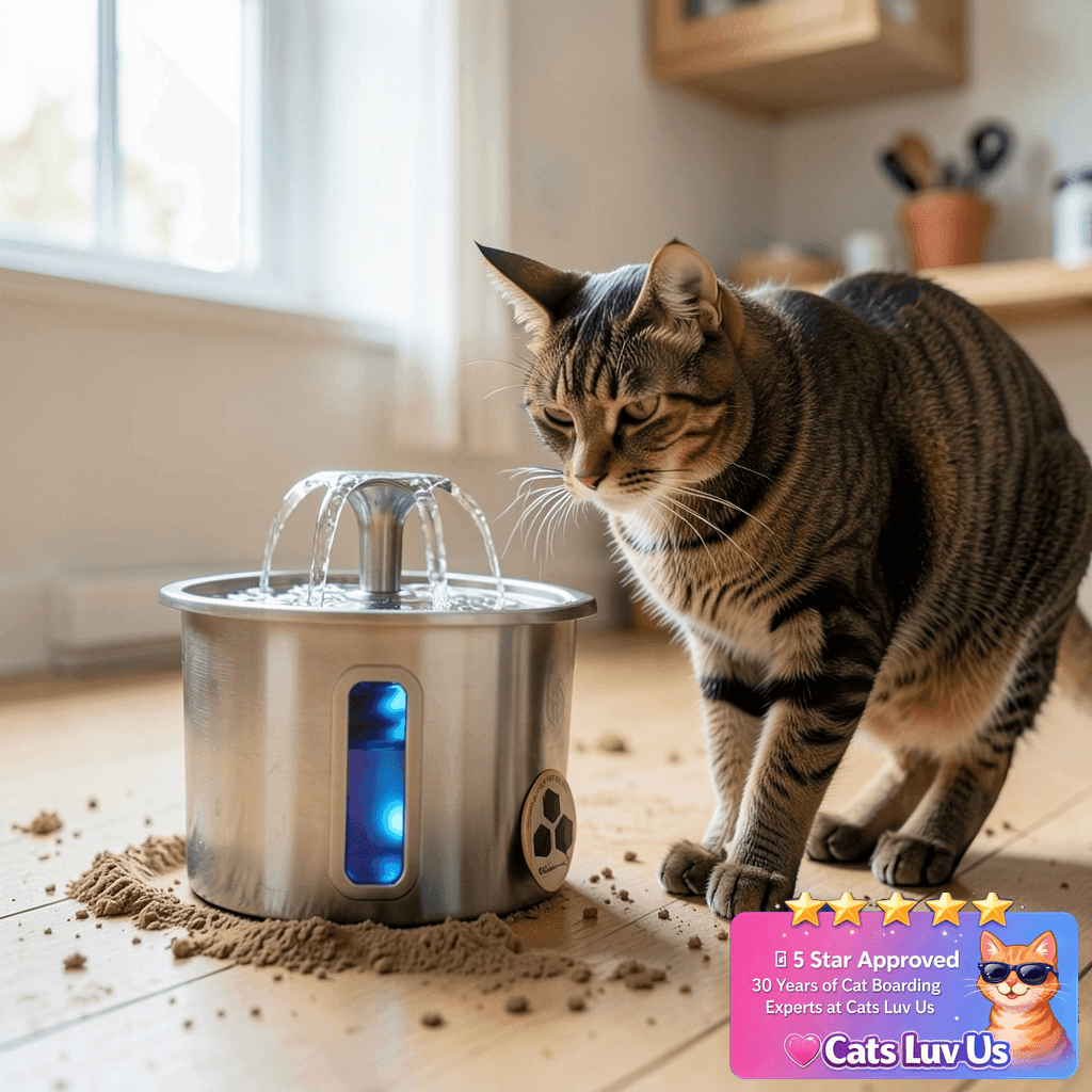 Veken Innovation Award Winner Stainless Steel Cat Water with cat - professional product lifestyle photo