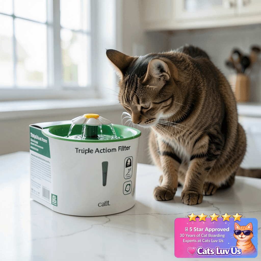 Catit Flower Fountain with Triple Action Filter with cat - professional product lifestyle photo