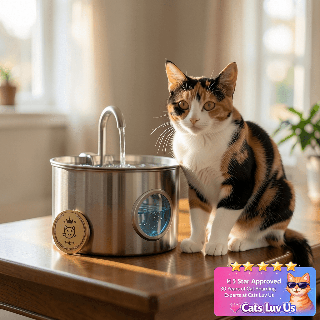Cat Water Fountain Stainless Steel: 74oz/2.2L Cat Fountain with cat - professional product lifestyle photo