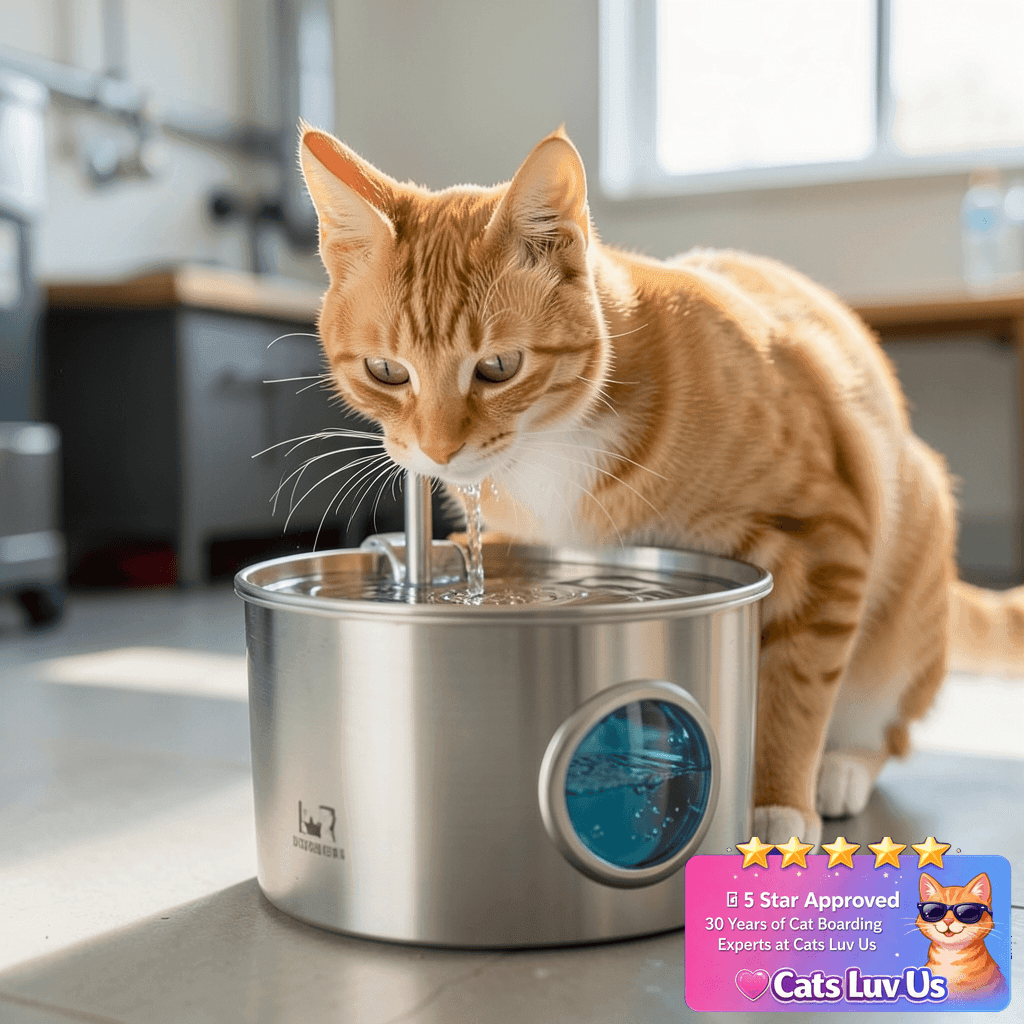 Cat Water Fountain Stainless Steel: 74oz/2.2L Cat Fountain with cat - professional product lifestyle photo