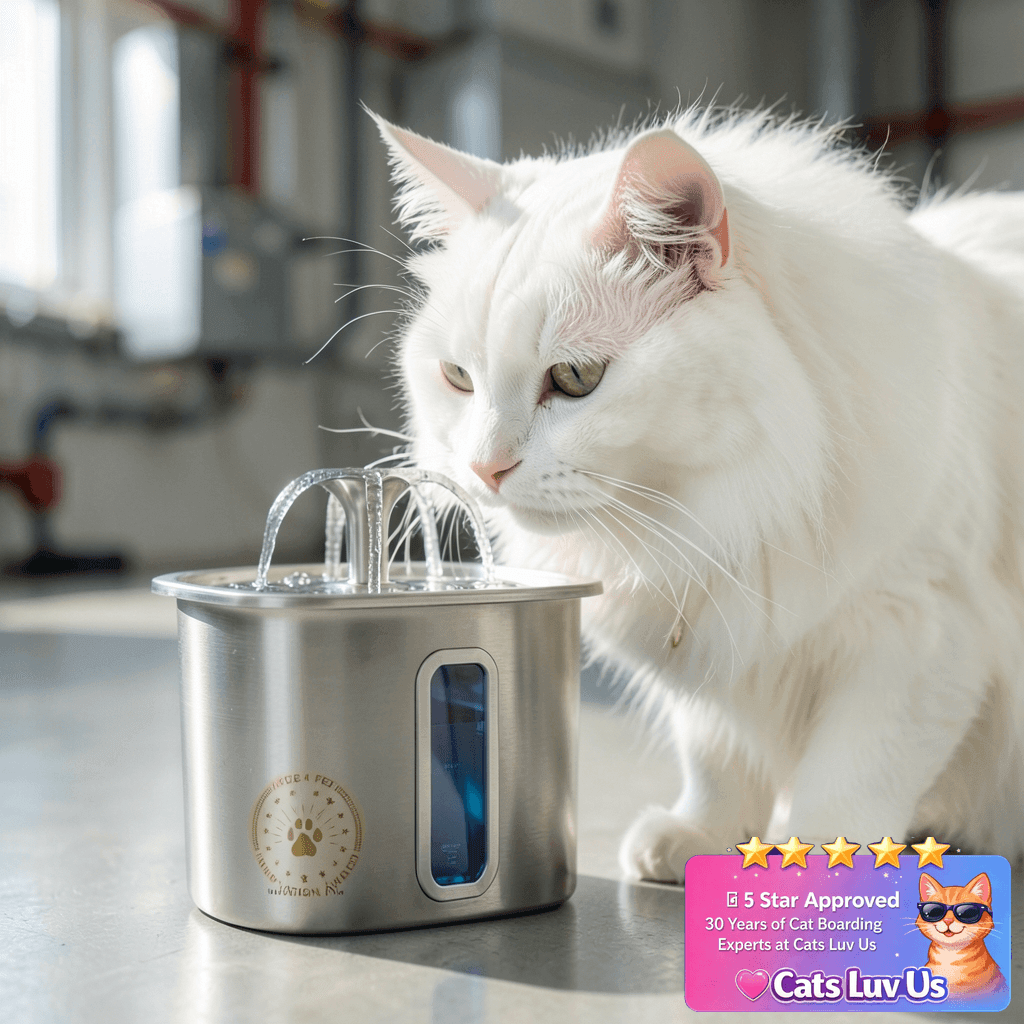 Veken Innovation Award Winner Stainless Steel Cat Water with cat - professional product lifestyle photo