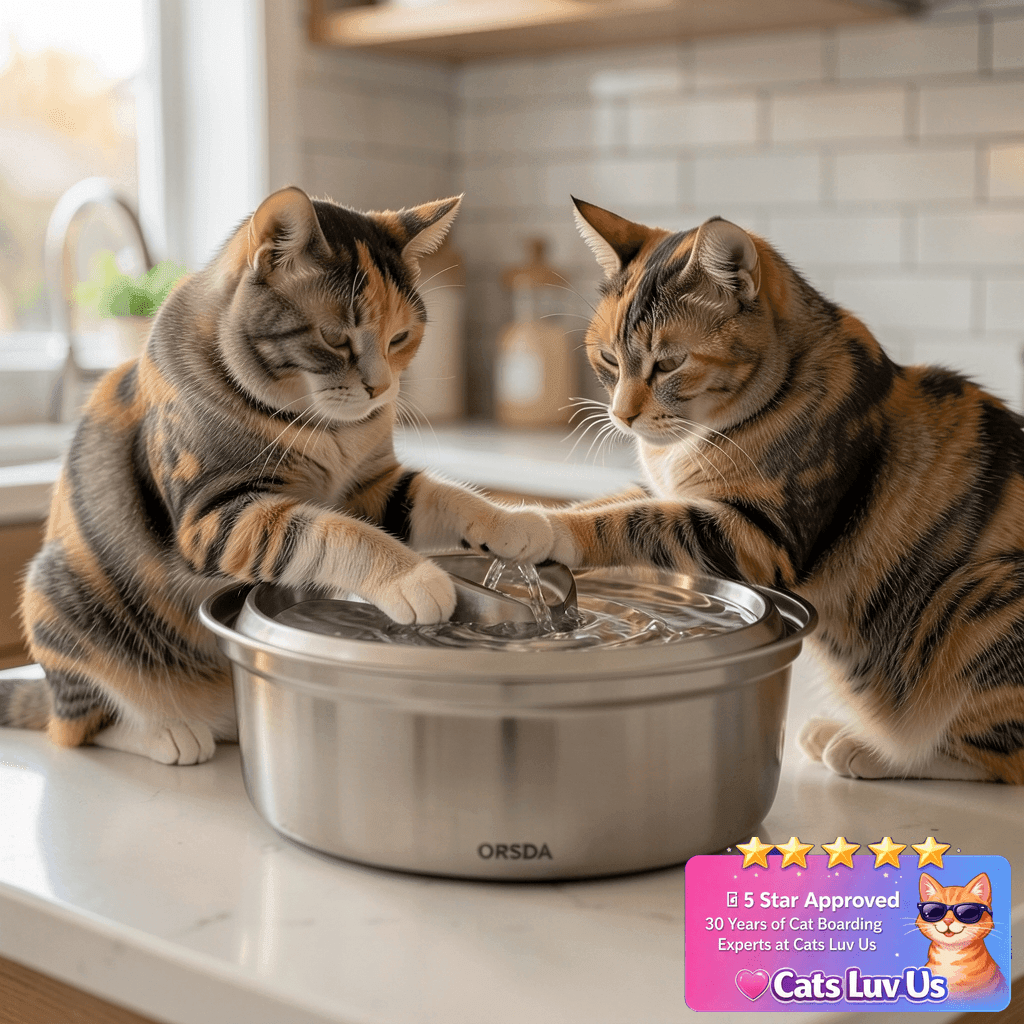 Orsda Cat Water Fountain Stainless Steel with cat - professional product lifestyle photo