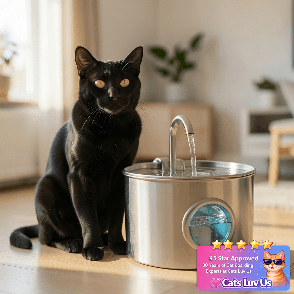 Cat Water Fountain Stainless Steel: 74oz/2.2L Cat Fountain with cat - professional product lifestyle photo