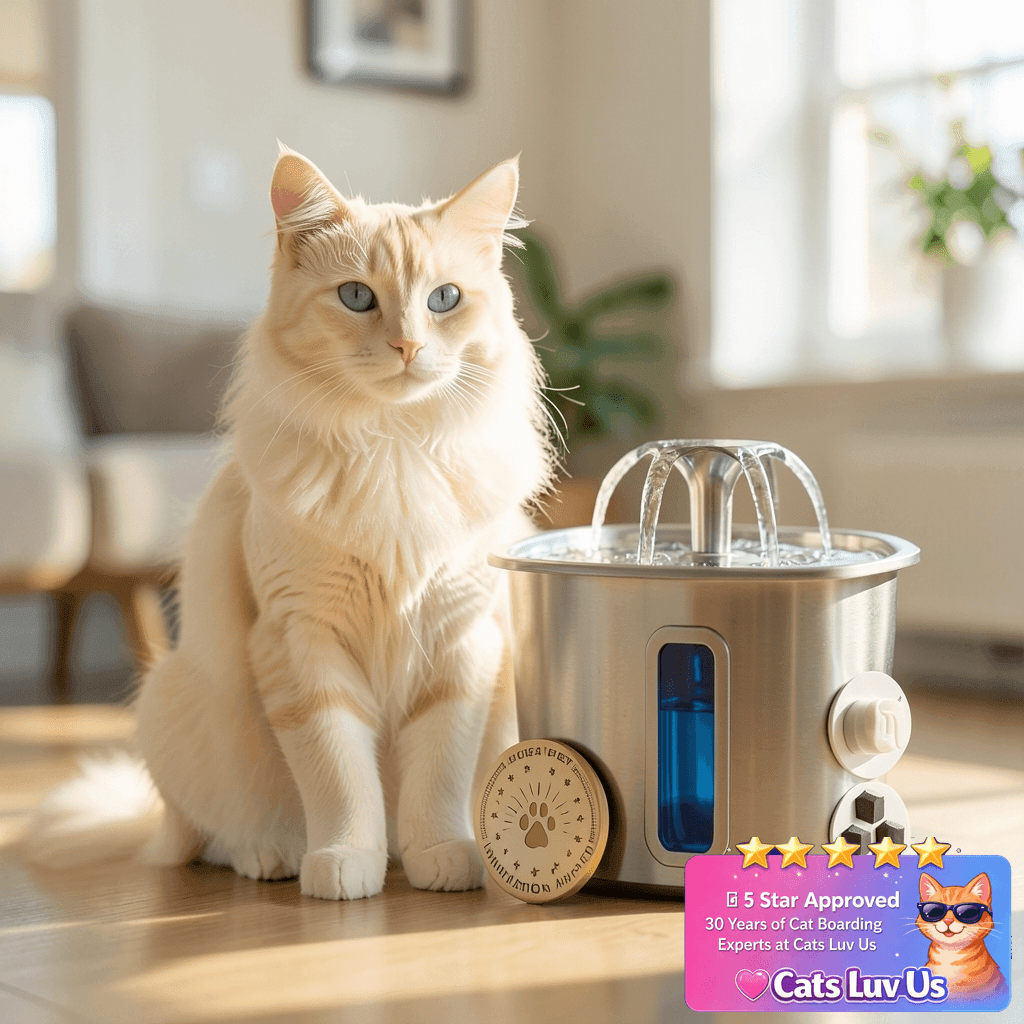 Veken Innovation Award Winner Stainless Steel Cat Water with cat - professional product lifestyle photo