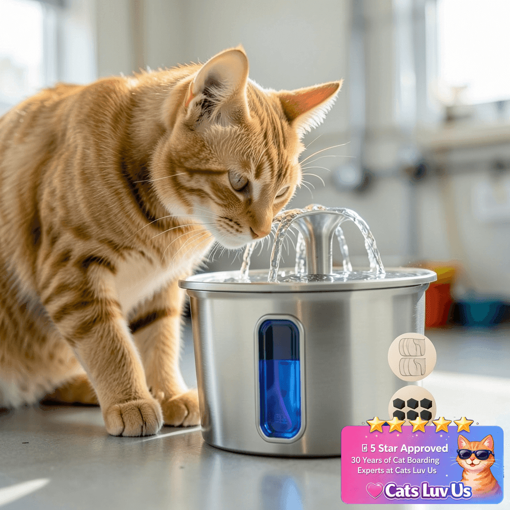 Veken Innovation Award Winner Stainless Steel Cat Water with cat - professional product lifestyle photo
