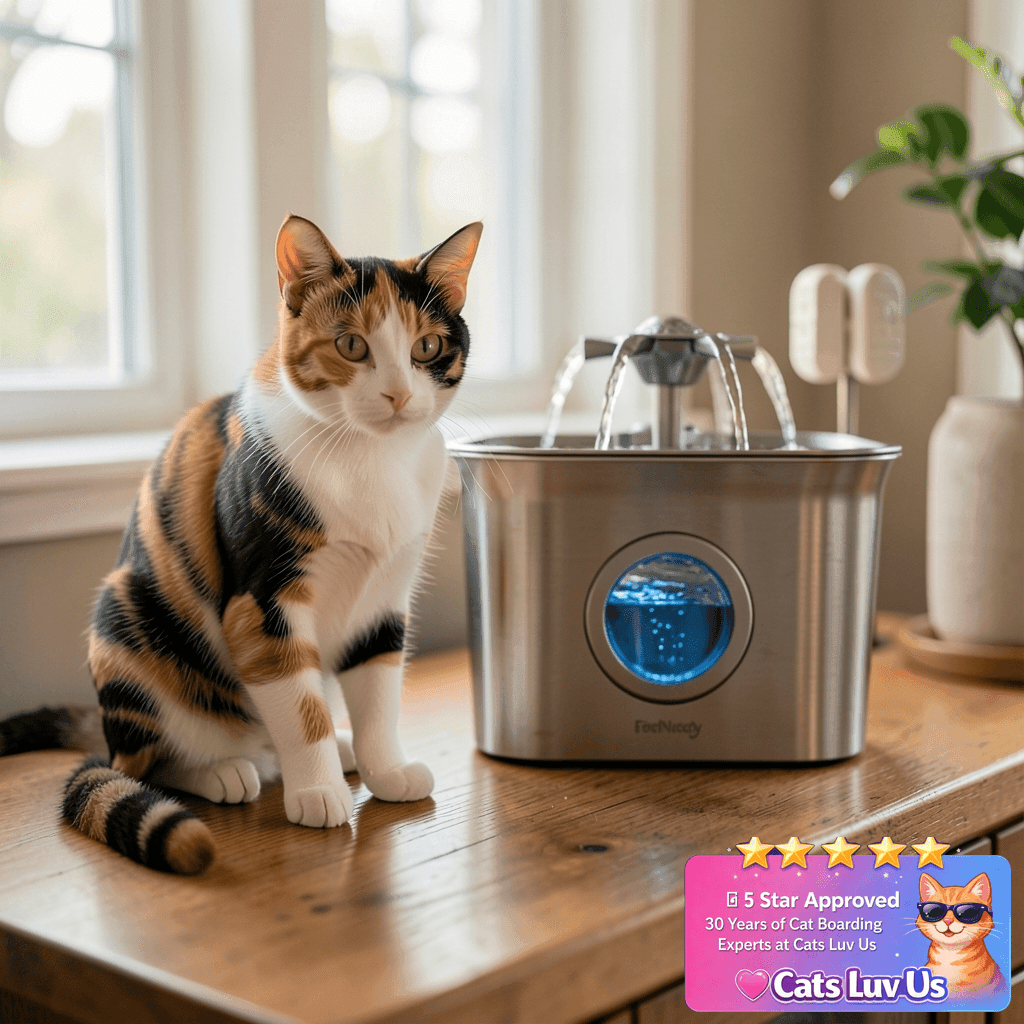 Stainless Steel Cat Water Fountain with cat - professional product lifestyle photo