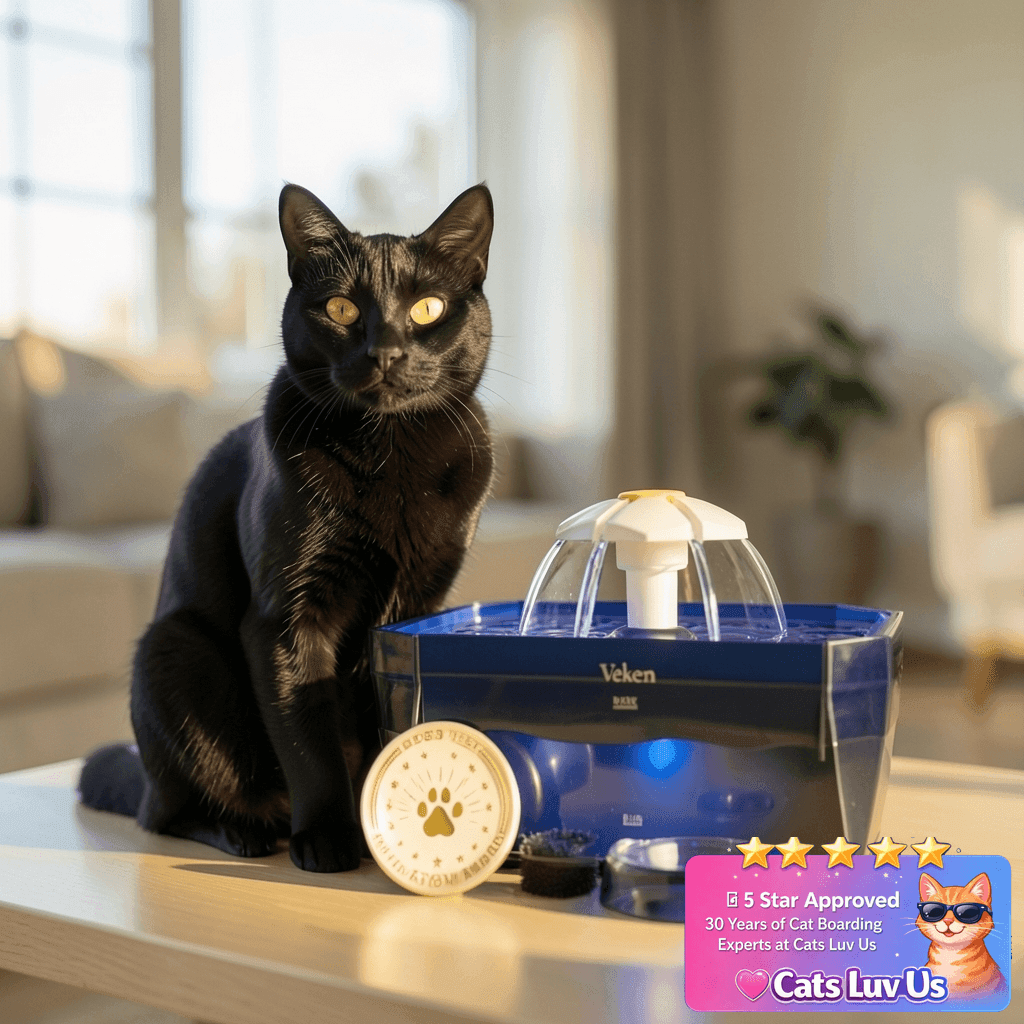 Veken Award-Winning Small Pet-Friendly Cat Water Fountain with cat - professional product lifestyle photo