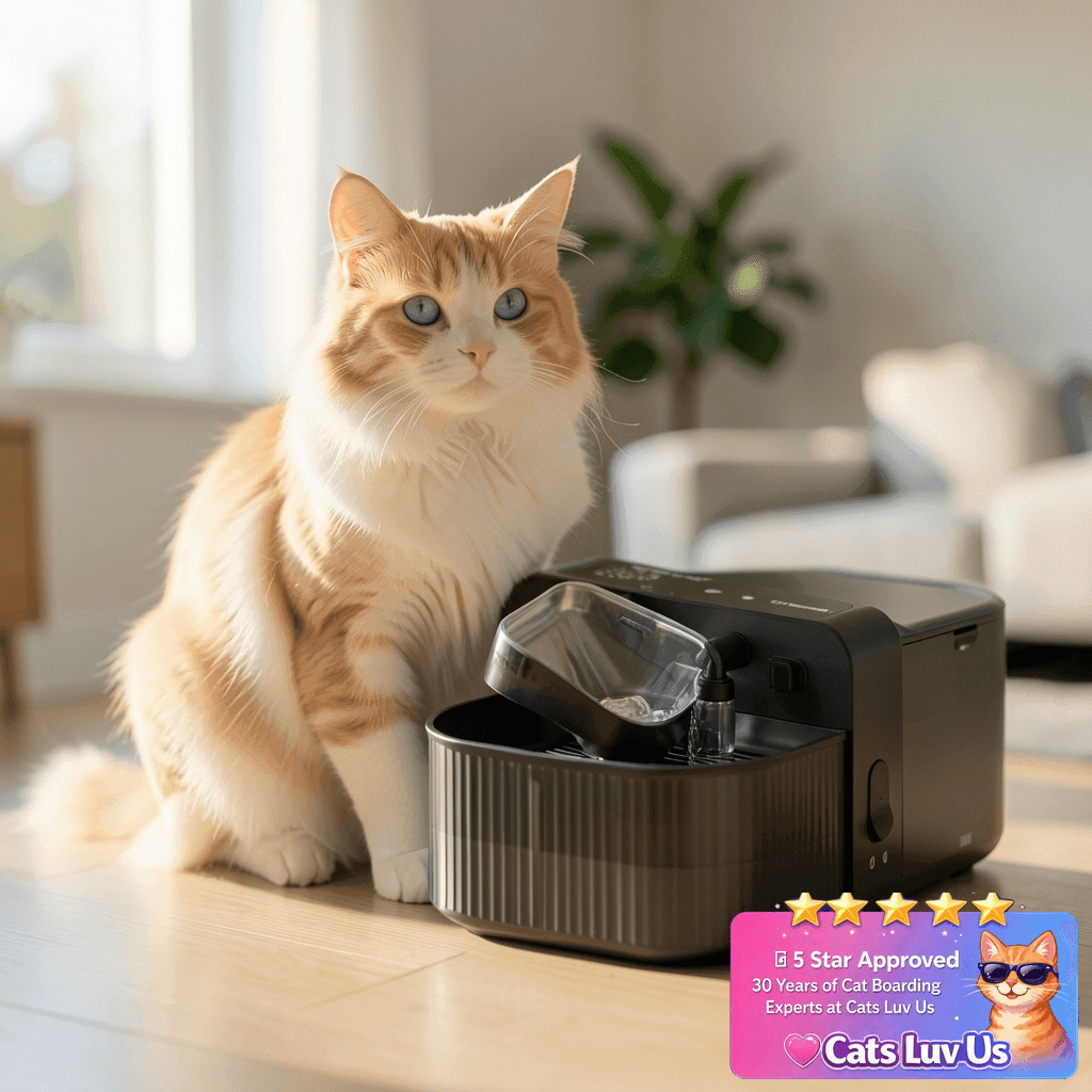 oneisall Wireless Filterless Cat Water Fountain with cat - professional product lifestyle photo