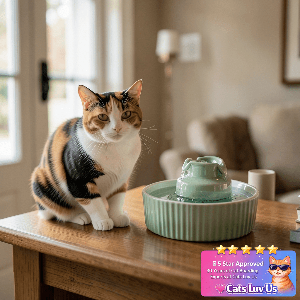 Lawfery Ceramic Cat Water Fountain with cat - professional product lifestyle photo