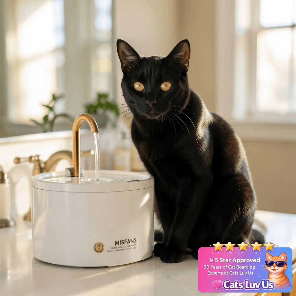 MISFANS Ceramic Cat Water Fountain - 2.1L/71oz - All-Ceramic with cat - professional product lifestyle photo