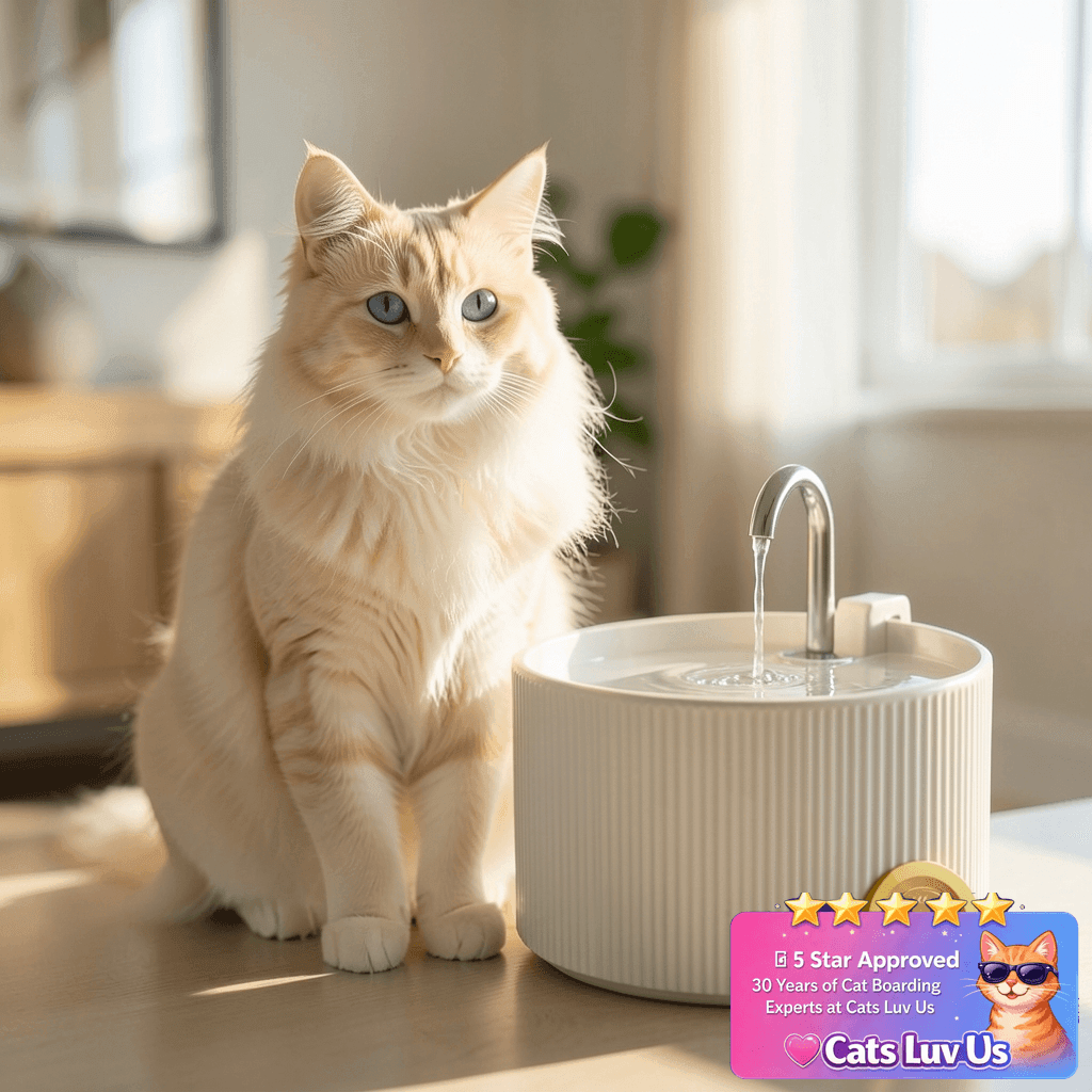 Ceramic Cat Water Fountain with cat - professional product lifestyle photo