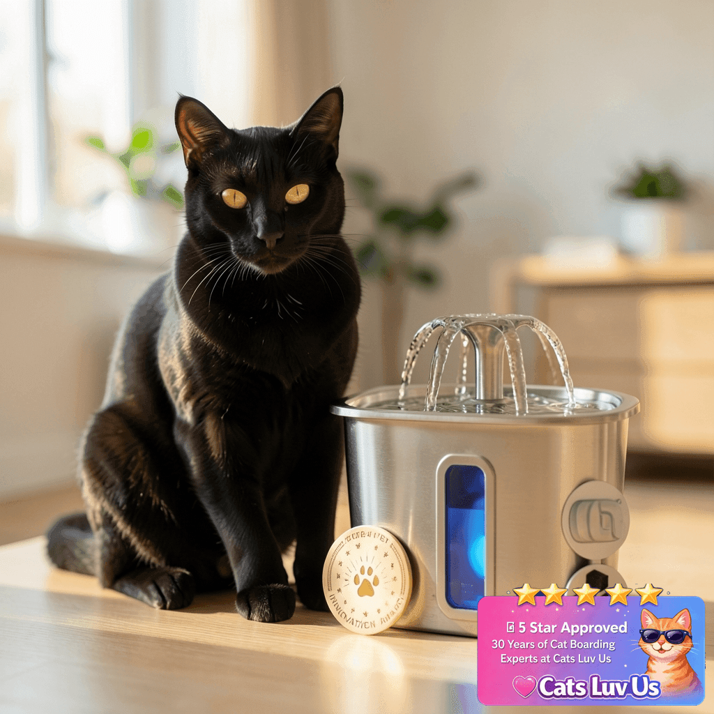 Veken Innovation Award Winner Stainless Steel Cat Water with cat - professional product lifestyle photo